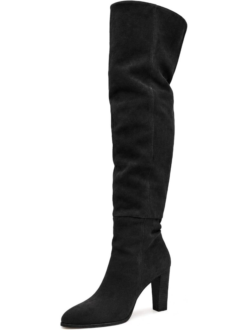 Women Black Suede Side Zipper Over-the-Knee Slouchy Chunky Block High Heel Boot